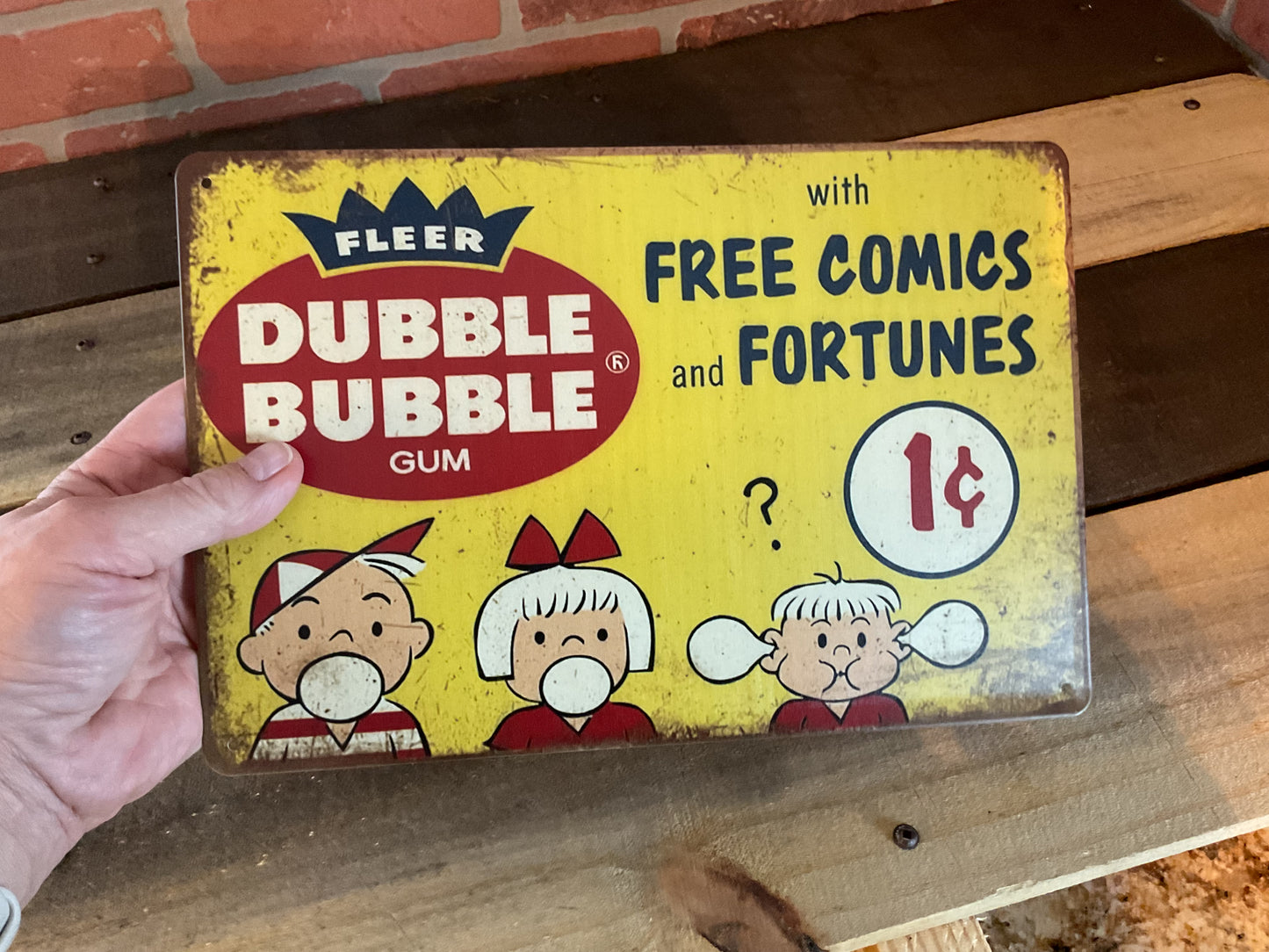 12"x8" Vintage Patina Style Double Bubble Gum with Free Comics" Metal Advertising Sign