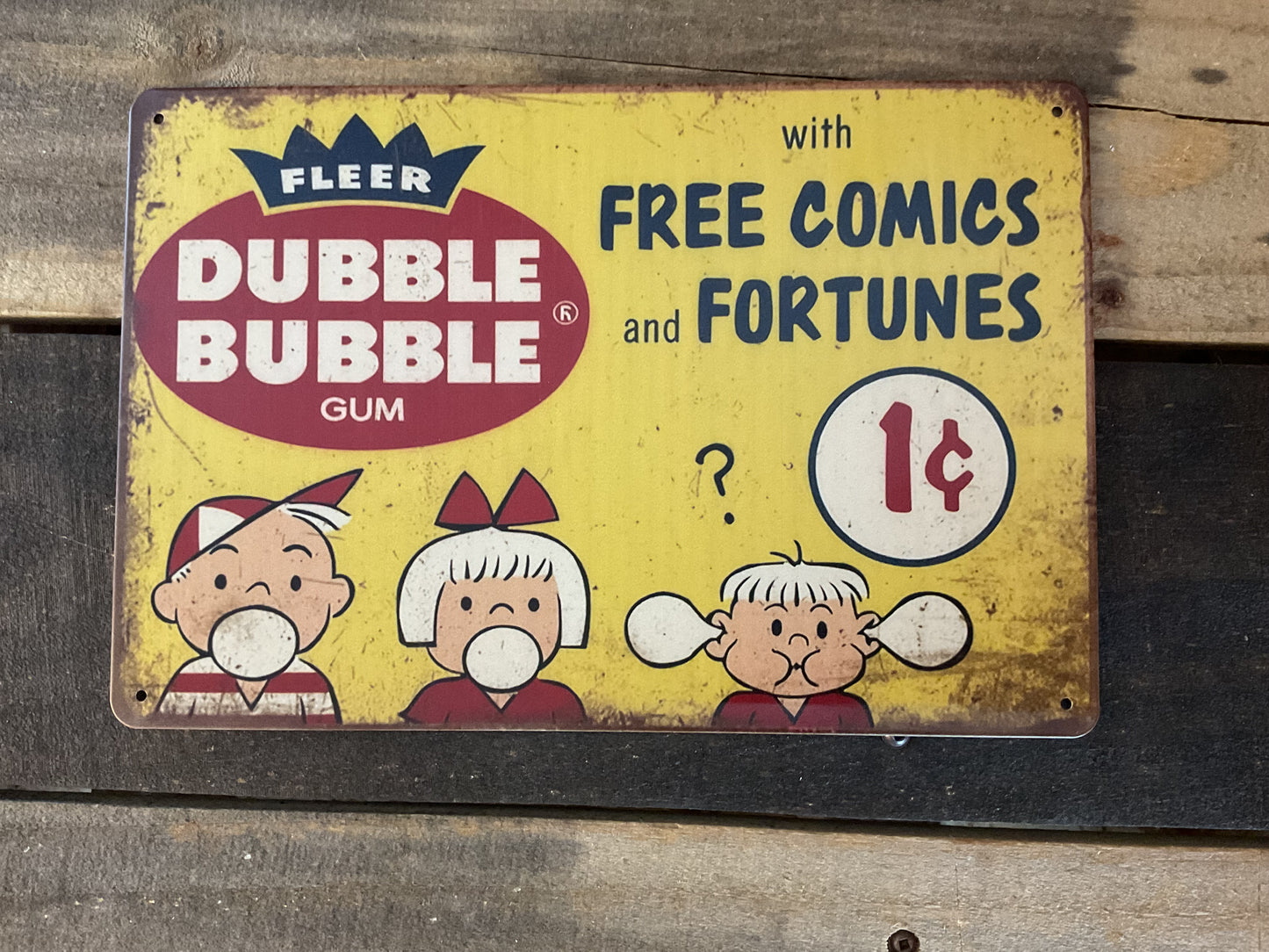 12"x8" Vintage Patina Style Double Bubble Gum with Free Comics" Metal Advertising Sign