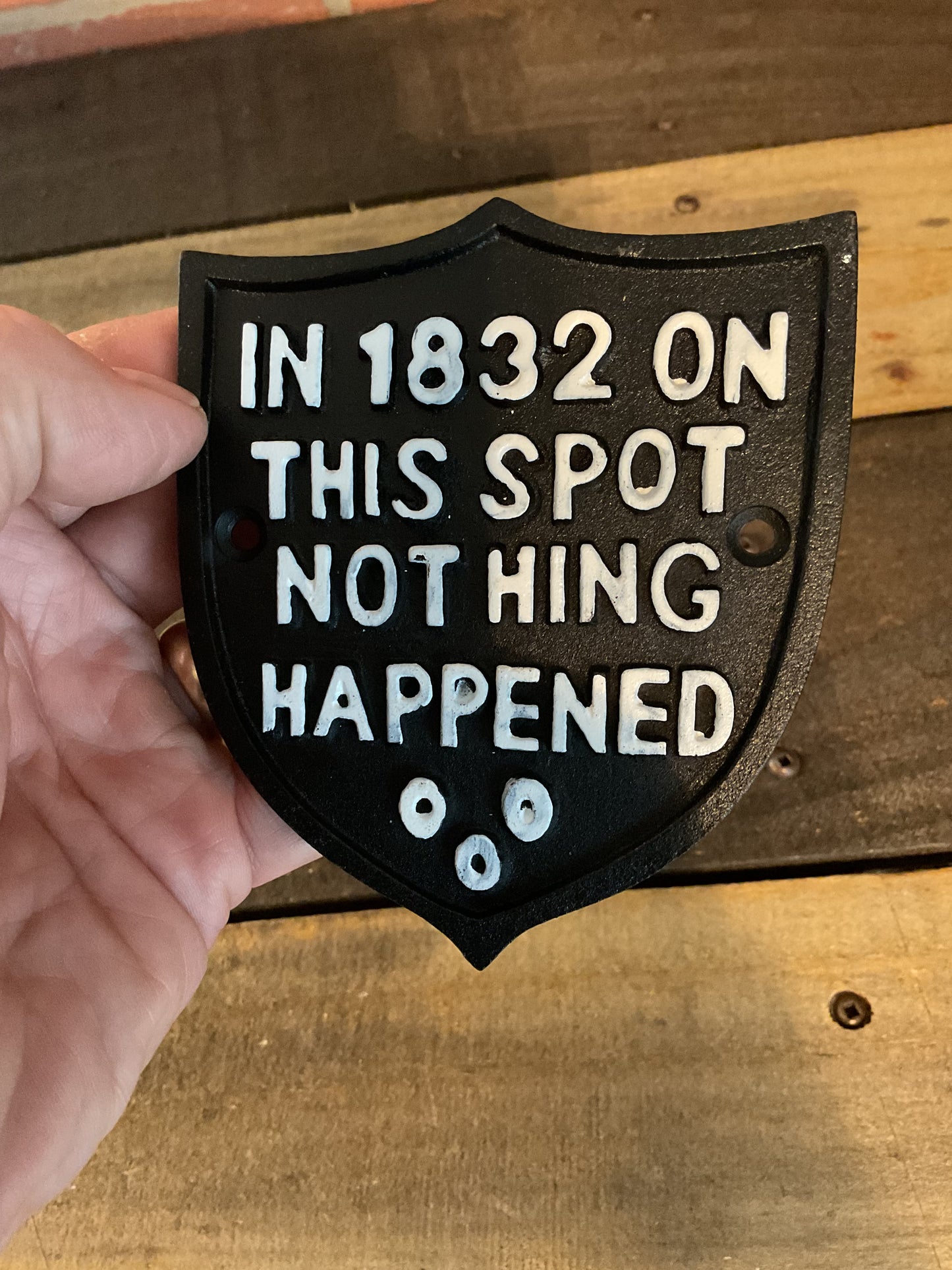 Vintage Rustic Style Cast Iron Funny " In 1832 Nothing Happened Here" Sign