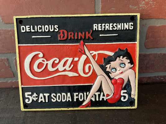 Rare Vintage Style Heavy Cast Iron "Betty Boop" Coca-Cola Sign (9 3/4 X 7 3/4)