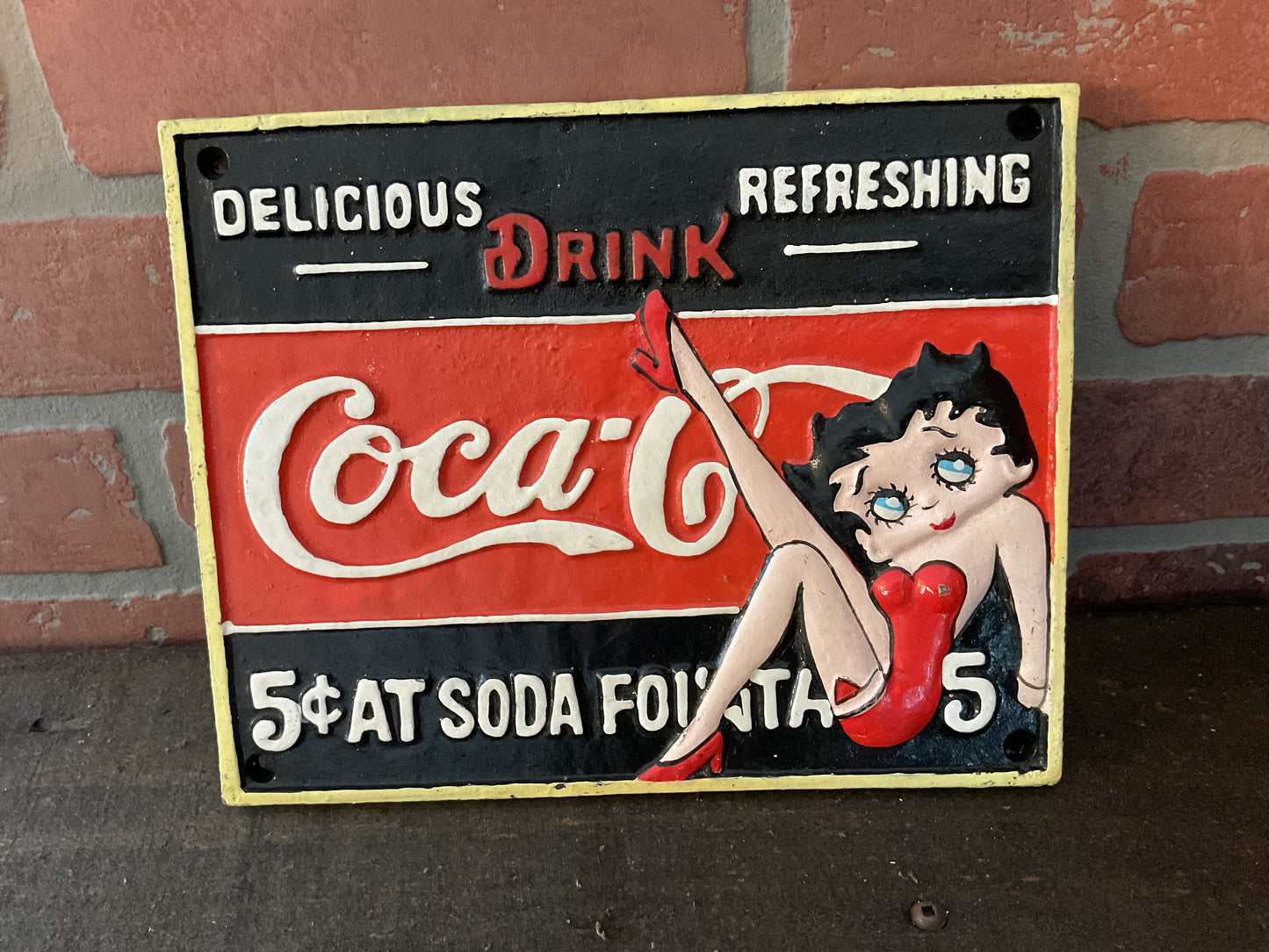 Rare Vintage Style Heavy Cast Iron "Betty Boop" Coca-Cola Sign (9 3/4 X 7 3/4)