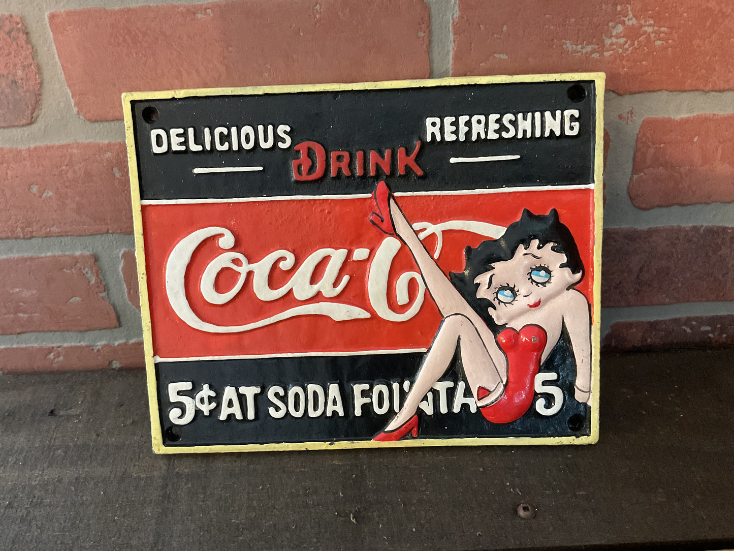 Rare Vintage Style Heavy Cast Iron "Betty Boop" Coca-Cola Sign (9 3/4 X 7 3/4)