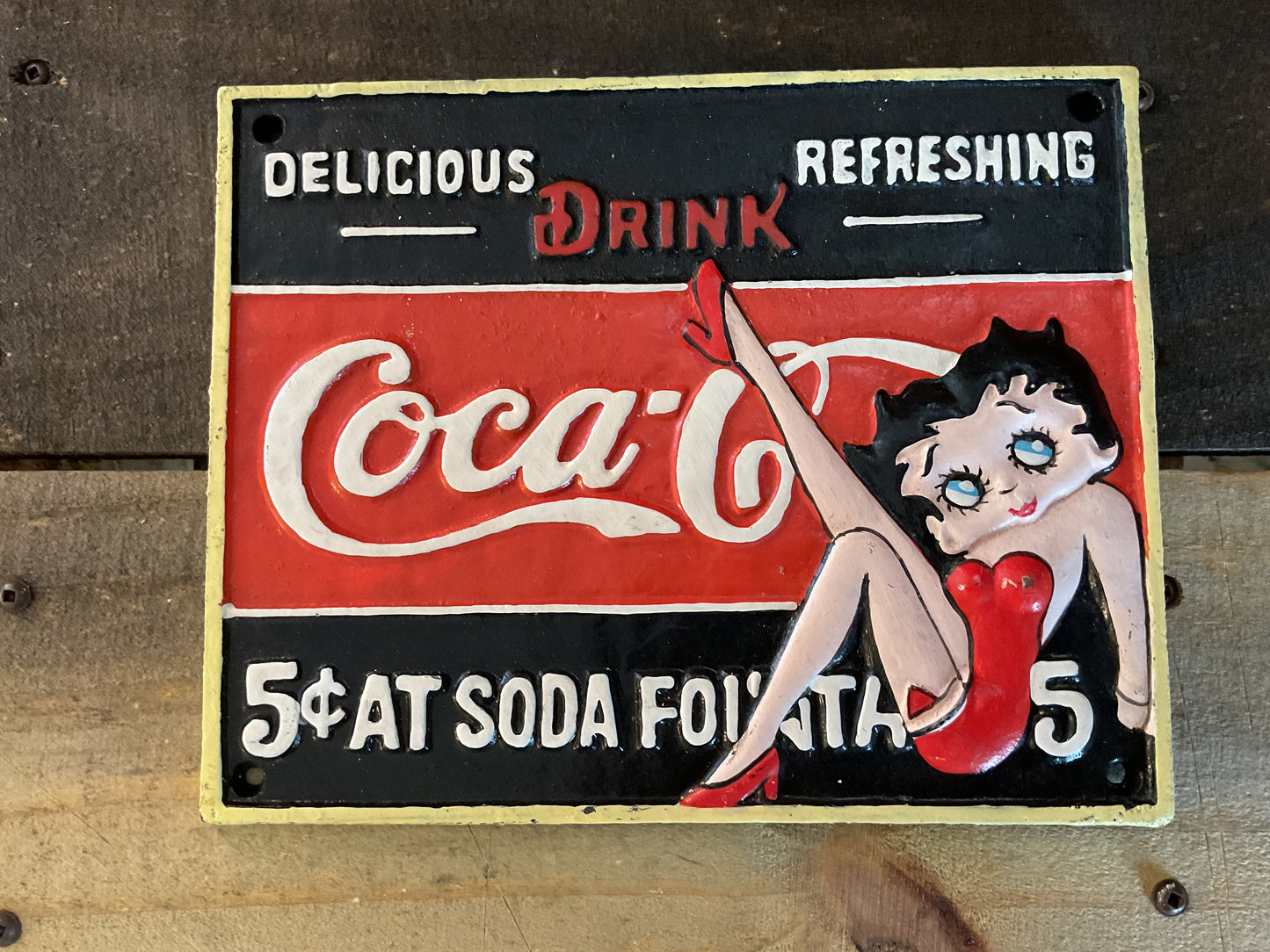 Rare Vintage Style Heavy Cast Iron "Betty Boop" Coca-Cola Sign (9 3/4 X 7 3/4)