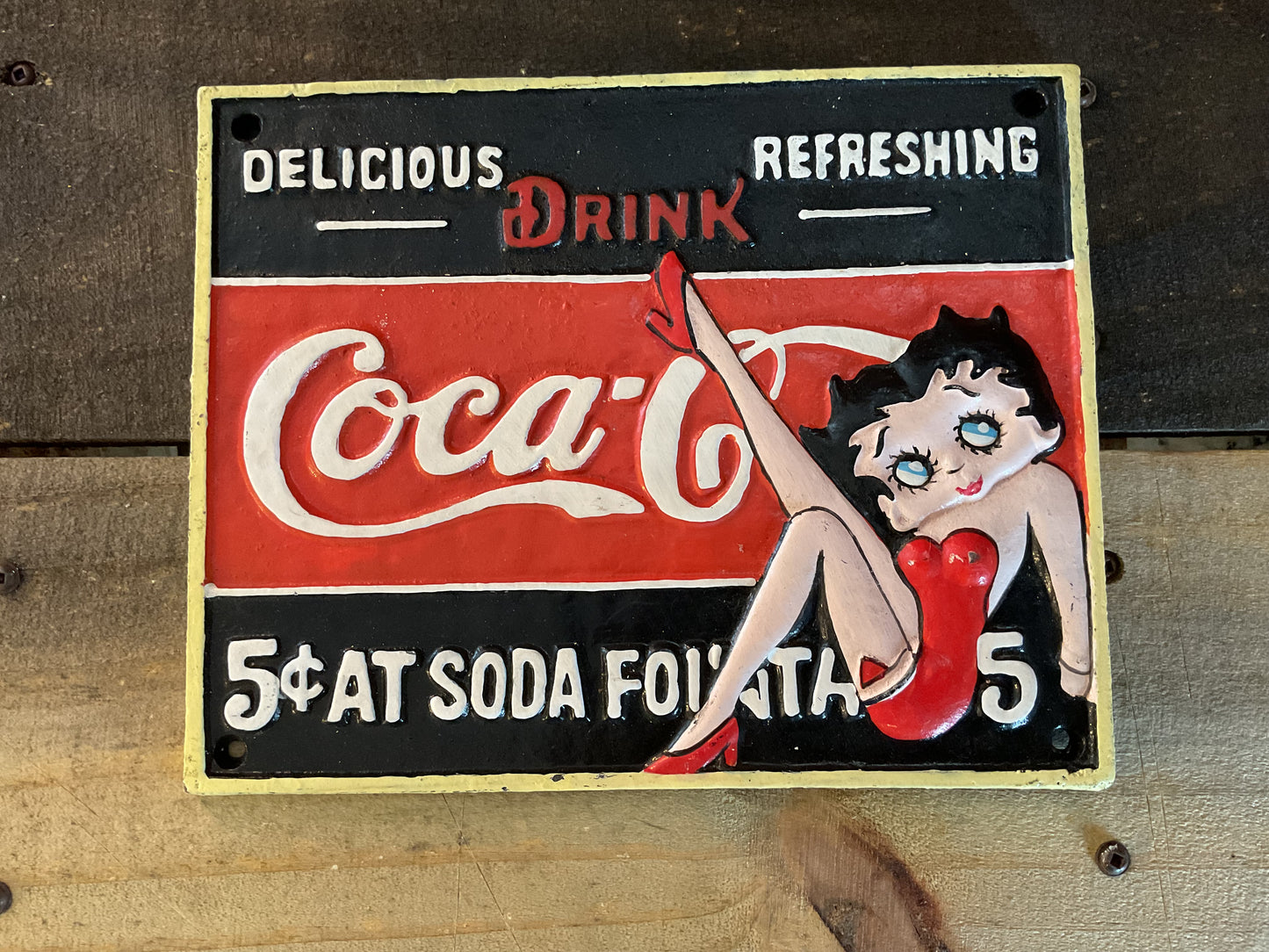 Rare Vintage Style Heavy Cast Iron "Betty Boop" Coca-Cola Sign (9 3/4 X 7 3/4)