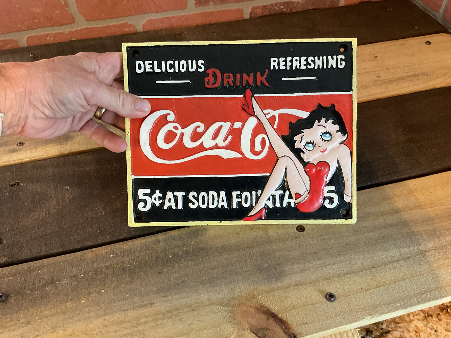 Rare Vintage Style Heavy Cast Iron "Betty Boop" Coca-Cola Sign (9 3/4 X 7 3/4)
