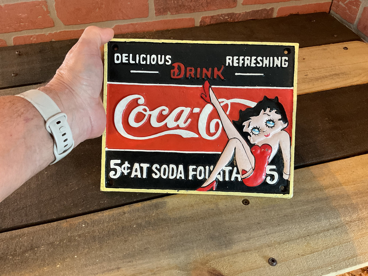 Rare Vintage Style Heavy Cast Iron "Betty Boop" Coca-Cola Sign (9 3/4 X 7 3/4)