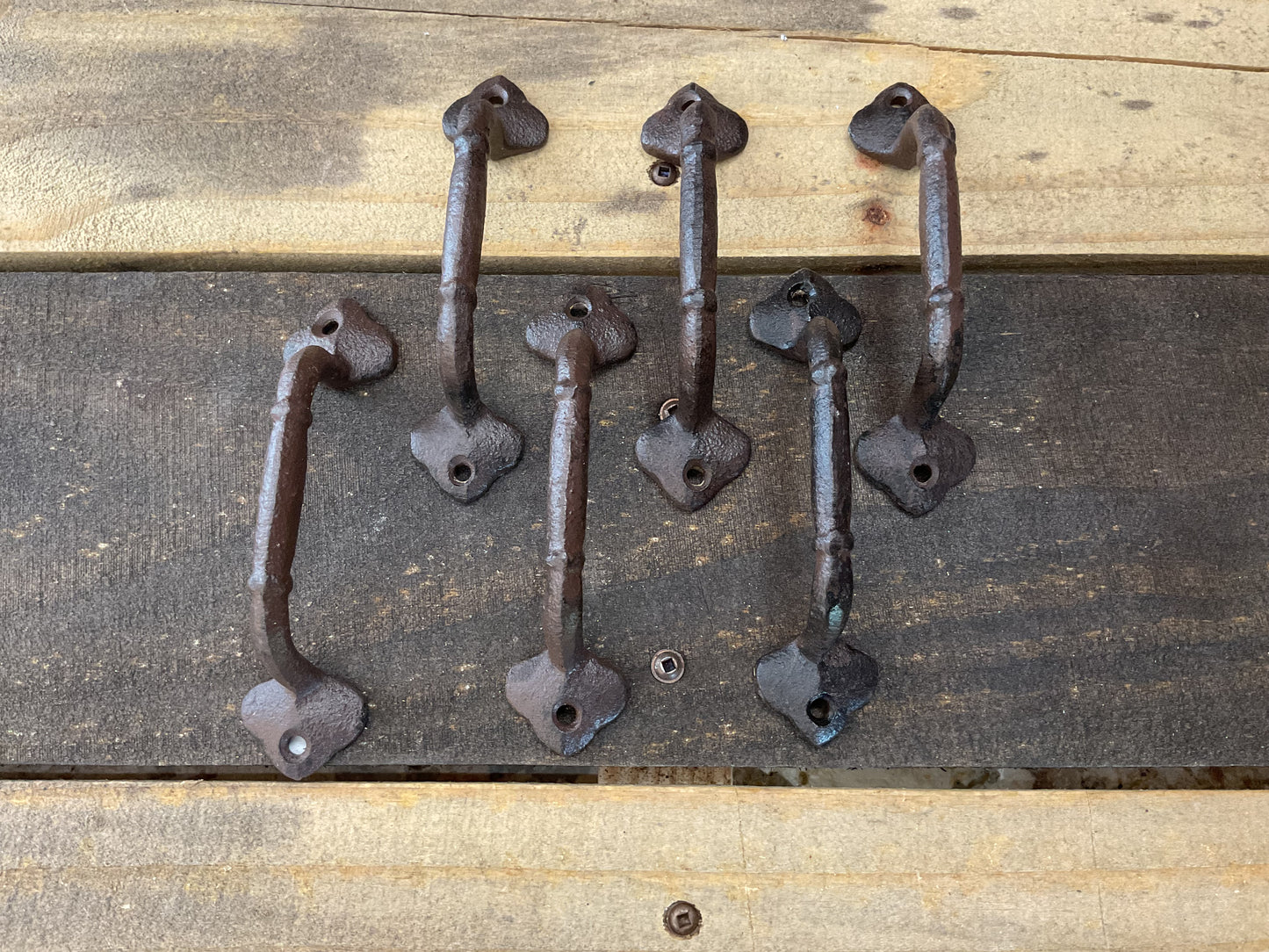 Set of 6 Vintage Rustic Style Cast Iron Drawer/ Cabinet Pulls w/ Curved Edges