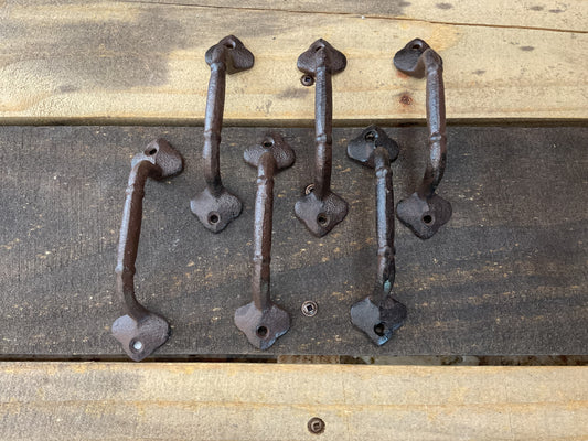 Set of 6 Vintage Rustic Style Cast Iron Drawer/ Cabinet Pulls w/ Curved Edges