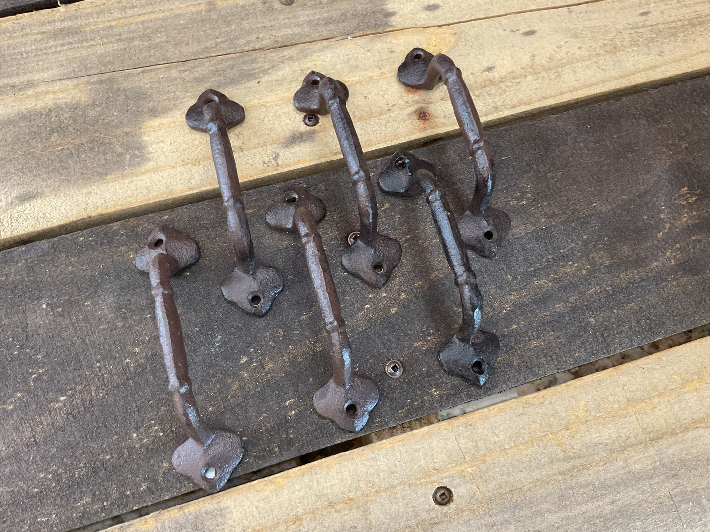 Set of 6 Vintage Rustic Style Cast Iron Drawer/ Cabinet Pulls w/ Curved Edges