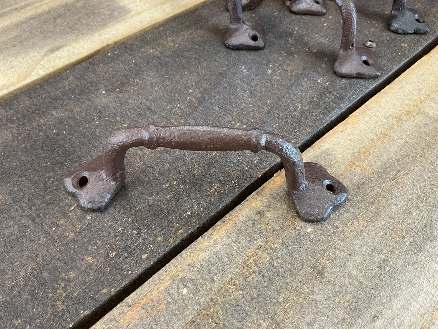 Set of 6 Vintage Rustic Style Cast Iron Drawer/ Cabinet Pulls w/ Curved Edges