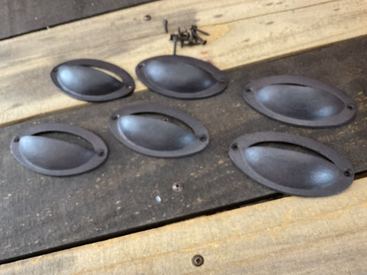 Set of 6 Vintage Rustic Style Cast Iron Oval Knobs Pulls with Screws