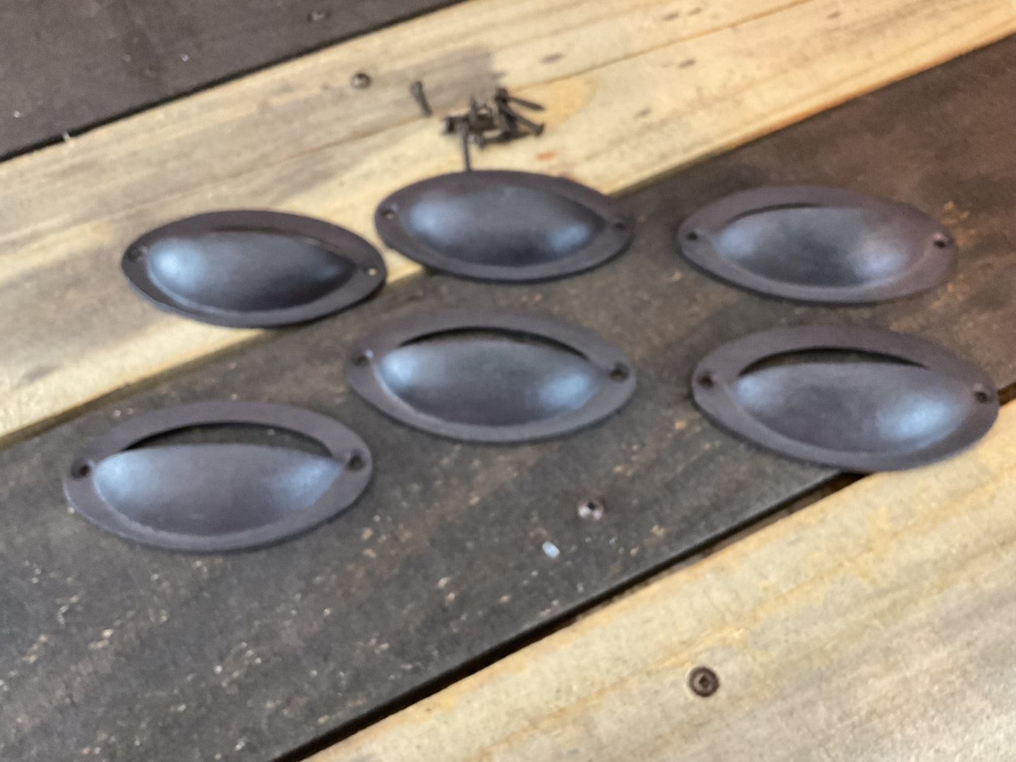 Set of 6 Vintage Rustic Style Cast Iron Oval Knobs Pulls with Screws