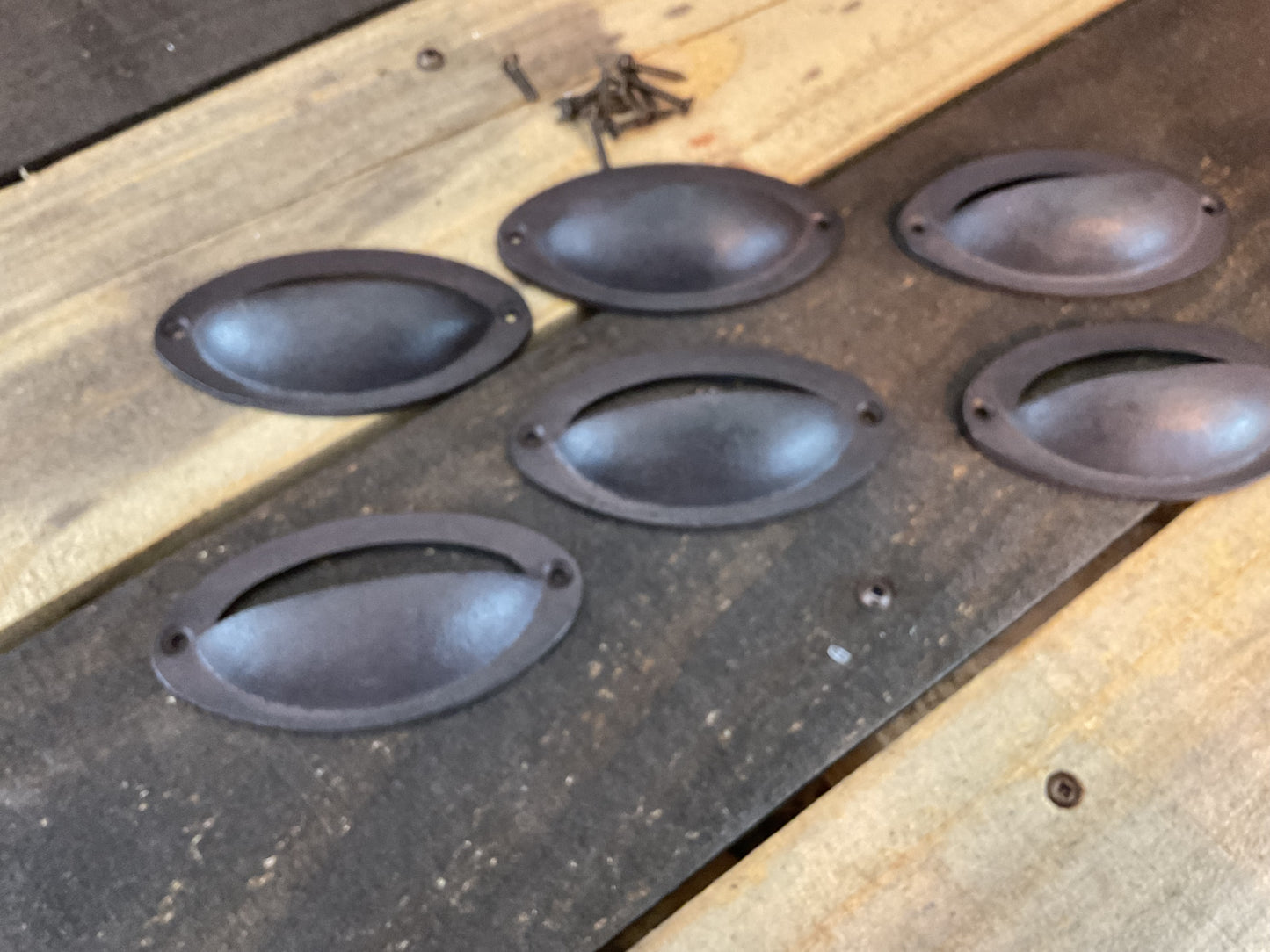 Set of 6 Vintage Rustic Style Cast Iron Oval Knobs Pulls with Screws