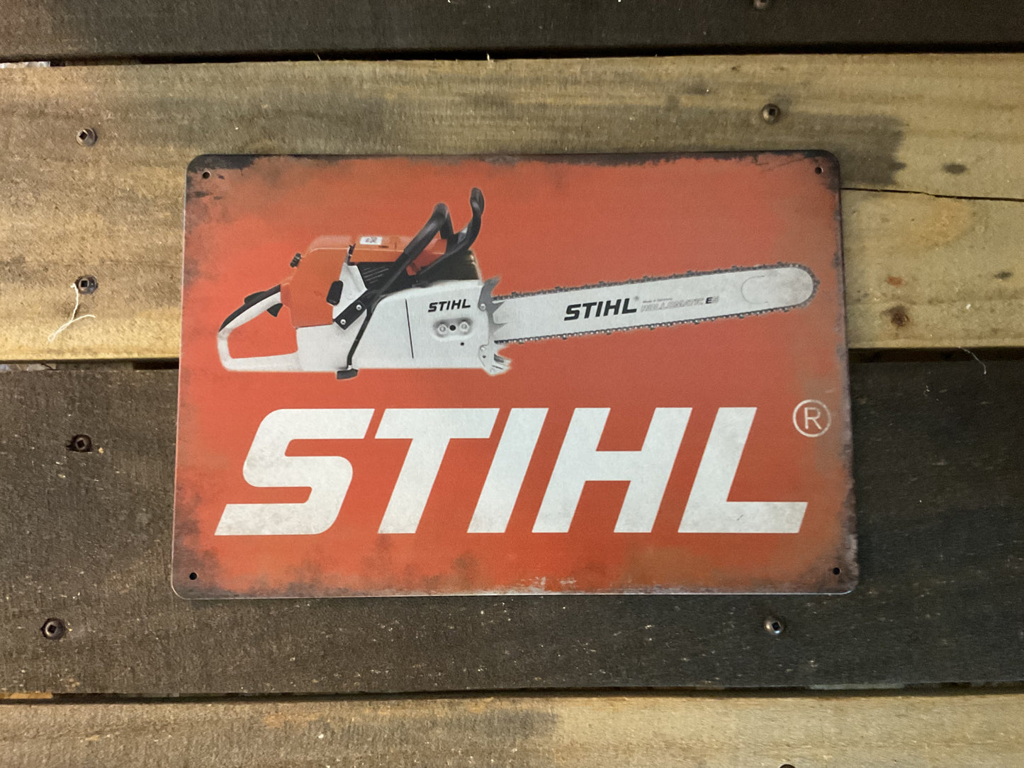 8"X12" Patina Vintage Style Stihl Chainsaws Advertising Sign