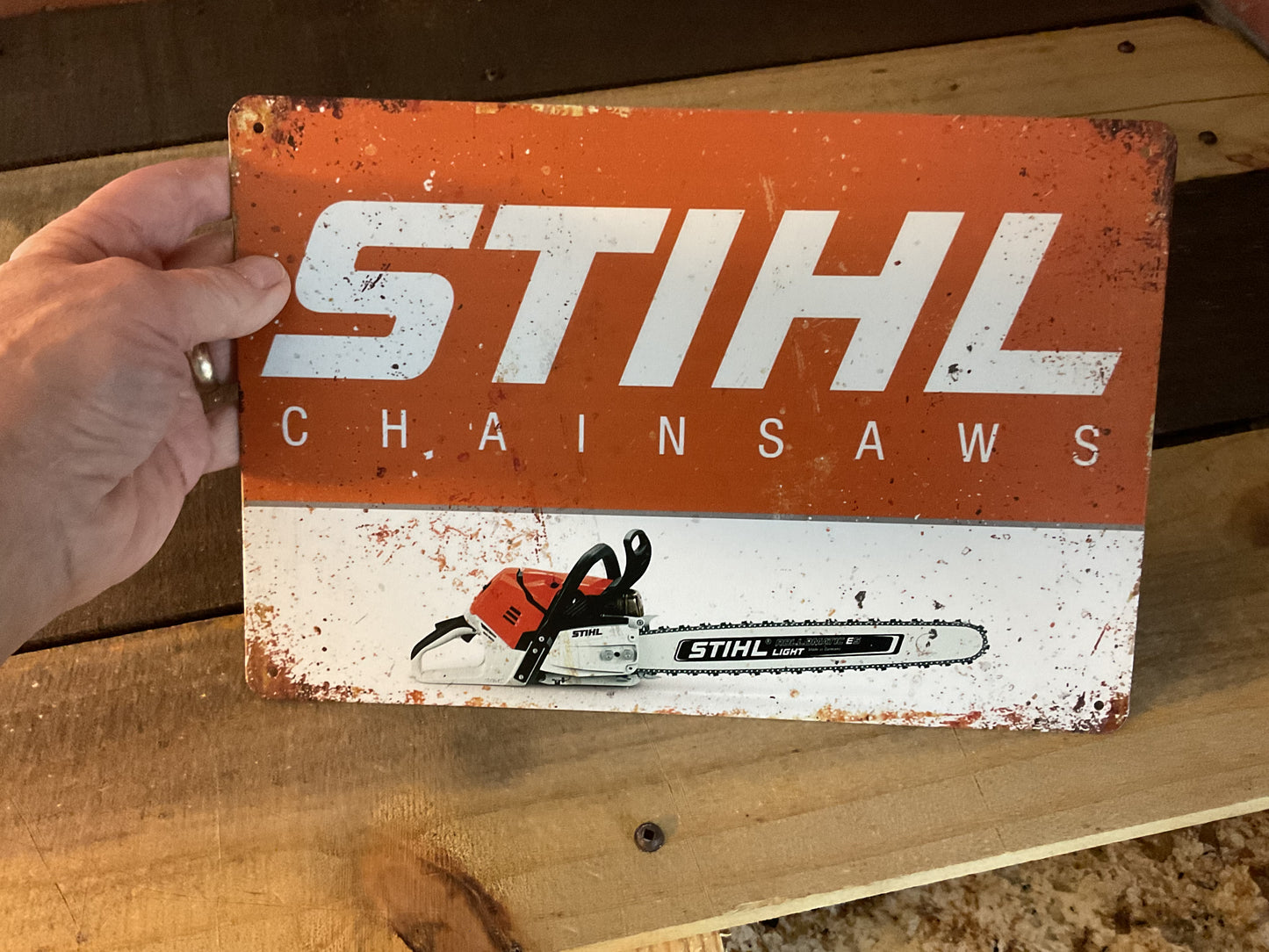 8"X12" Vintage Patina Style 2 Tone Stihl Advertising Sign