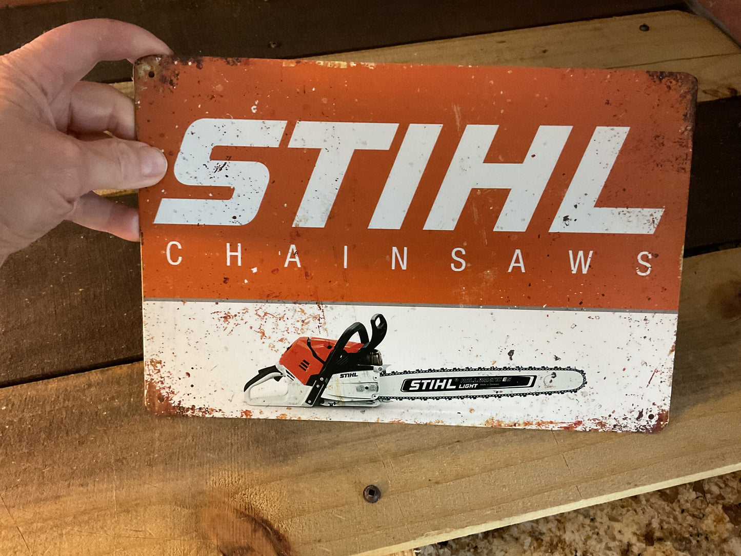 8"X12" Vintage Patina Style 2 Tone Stihl Advertising Sign