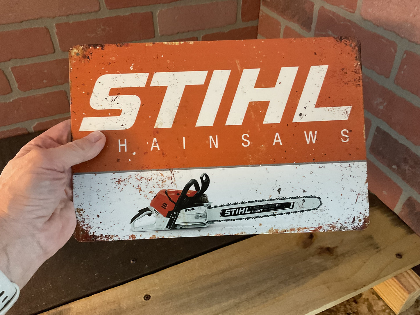 8"X12" Vintage Patina Style 2 Tone Stihl Advertising Sign