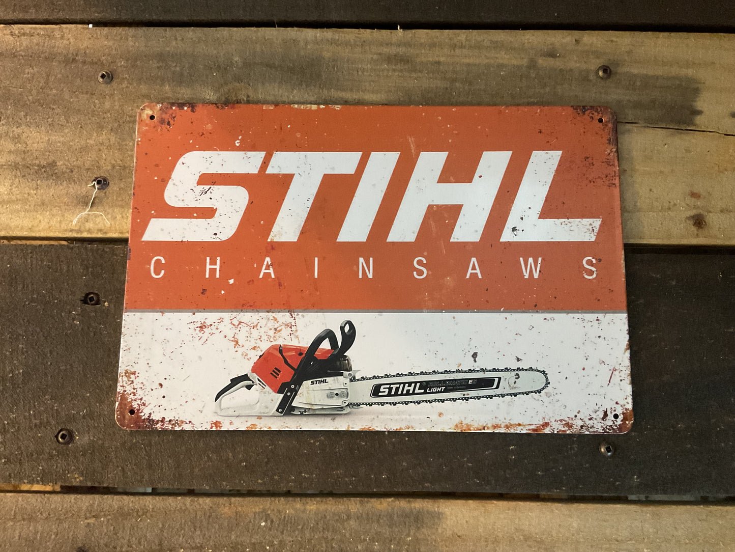 8"X12" Vintage Patina Style 2 Tone Stihl Advertising Sign