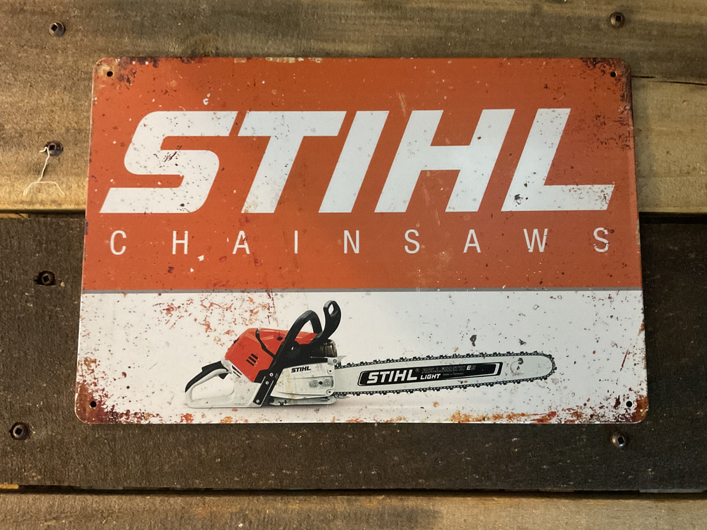8"X12" Vintage Patina Style 2 Tone Stihl Advertising Sign