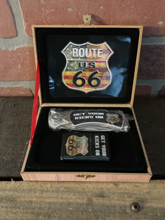 High Quality " Get your kicks on RT 66" 4" Locking Knife and Lighter Gift Set