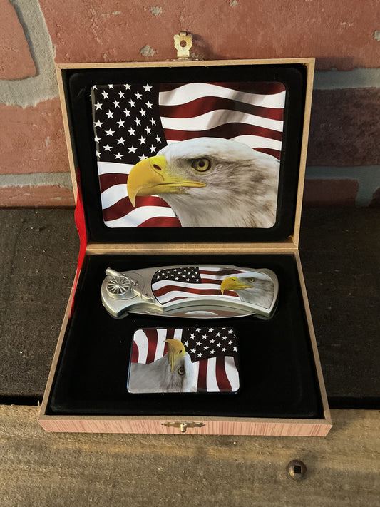 High Quality 4" American Flag & Eagle Locking Knife and Lighter Gift Set