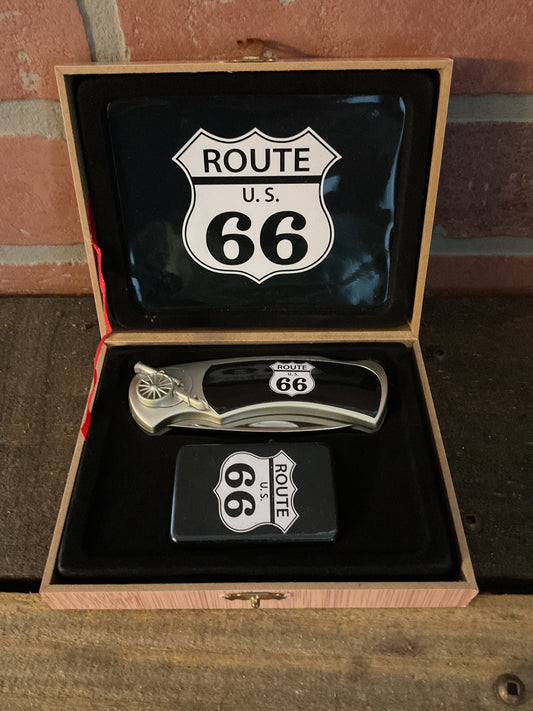 High Quality Black Rt 66 4" Locking Knife & Lighter Box Set Makes a Great Gift!