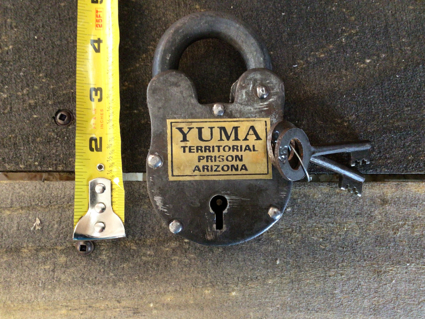 LARGE WORKING Yuma Territorial Prison Cast Iron Lock W/ 2 Keys 4 1/2" X 2 1/2"